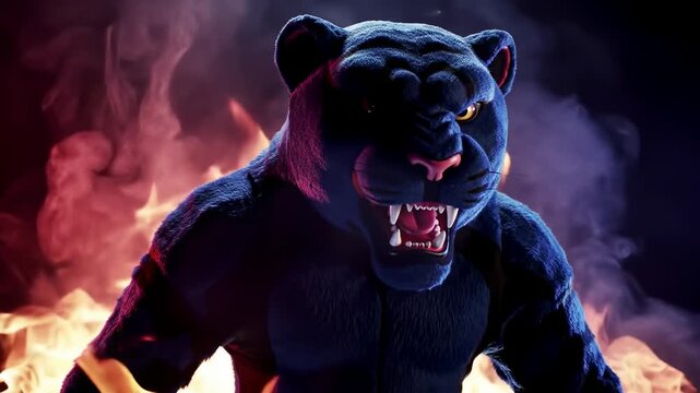 Angry blue panther mascot in fiery background
