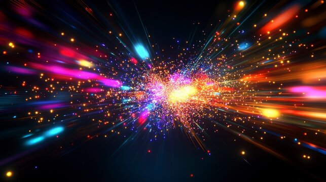 Colorful light streaks and particles explode from center, creating dynamic abstract background.