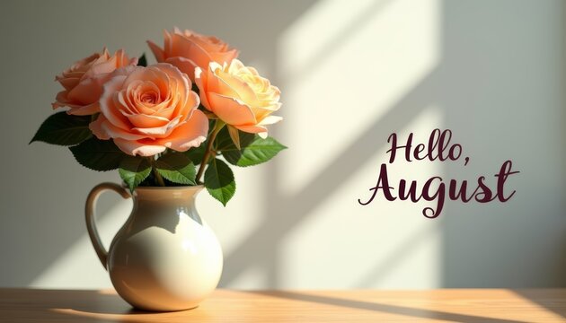 Vase with orange roses on wooden surface in warm morning light. Inscription Hello, August. Seasonal greetings and social media posts.