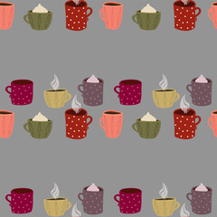 Seamless vector pattern of assorted cozy cartoon mugs, hand drawn style, some with whipped cream or steam, on a medium grey background. Ideal for warm beverage themes and cozy decor.