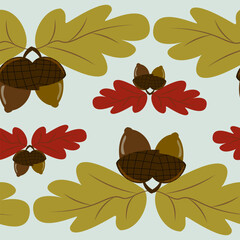 Seamless vector botanical pattern featuring clusters of yellow and red oak leaves with acorns on a light blue background. Ideal for fresh autumn designs, textiles, and decorative elements.