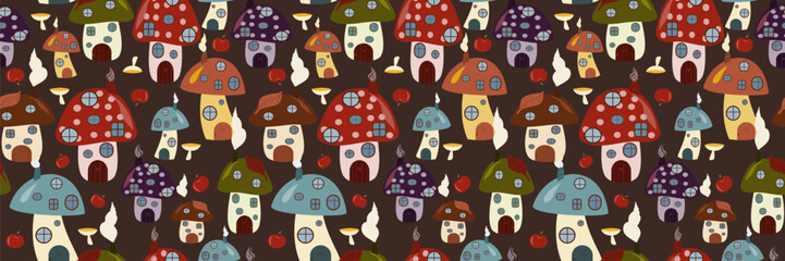 Seamless pattern of fairy mushroom houses, accented with small mushrooms and apples, on a dark brown background. Ideal for fairy tale themes, children's decor, and autumn designs.