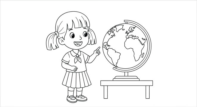 Globetrotter's Guide: A young student gazes at a globe, her finger pointing at a land mass, symbolizing a moment of geographical curiosity.