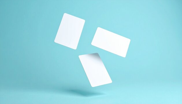 Floating blank white business cards for a corporate identity mockup. A minimalist 3D render of cards on a clean blue background for branding.