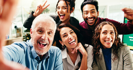 Fototapeta premium Selfie, smile and portrait of business people in office for about us, memory or company social media. Happy, team building and financial employees with photography picture POV for bonding together.