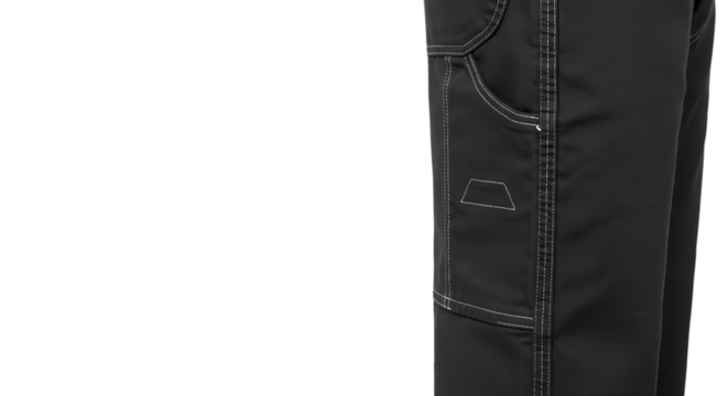 Close-up of dark work pants with reinforced pockets.