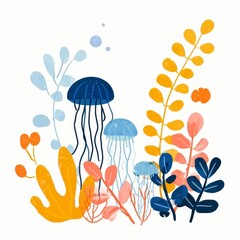 Obraz premium Colorful Jellyfish and Aquatic Plants Illustration