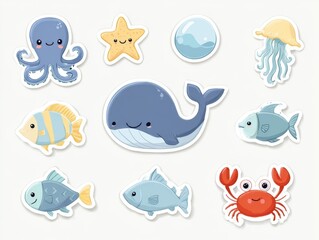 Cute Cartoon Sea Animal Stickers on White Background
