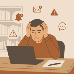 Flat illustration of stressed man at desk overwhelmed by tasks, deadlines, and digital devices, symbolizing multitasking fatigue