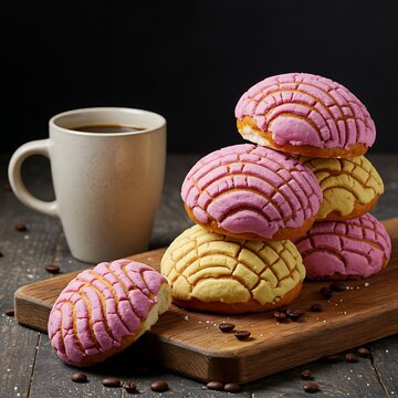 Sweet and colorful Mexican Conchas (sweet bread), a traditional pan dulce with a shell-like sugar topping, stacked on a rustic wooden board with a cup of coffee,