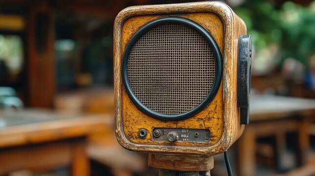 Worn speaker distressed yellow housing and round mesh grill