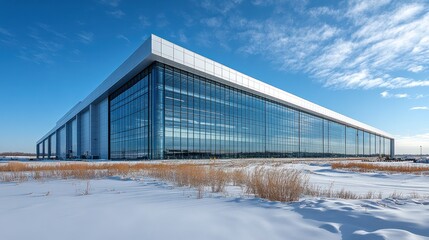 Obraz premium Modern glass building in winter landscape offering sustainable architecture