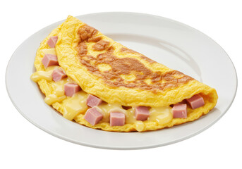 A fluffy, goldenbrown omelette filled with ham and melted cheese, served on a white plate for a hearty breakfast isolated on transparent background