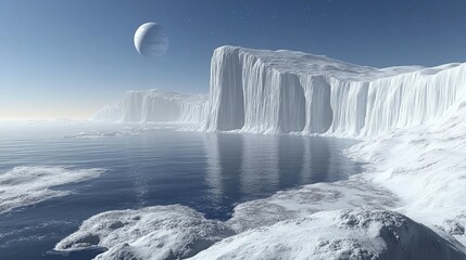 Snowy landscape. Water reflects the cliffs and moon under a clear sky