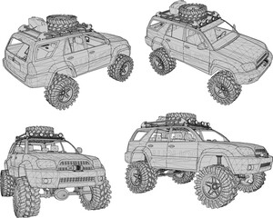 Vector sketch illustration of offroad adventure vehicle design with big tires for walking in the forest