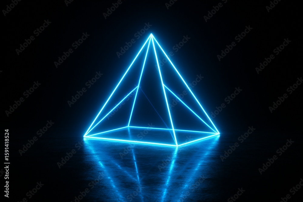 Fototapete geometric futuristic sci-fi neon primitive pyramid light on dark grunge concrete surface 3d renderin