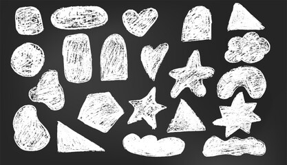 Chalk text box doodle shape. Cute rough memo highlight for note on black board background. Hand drawn paint cloud, heart, star and organic graphic. Kindergarten textbox or grunge speech element.