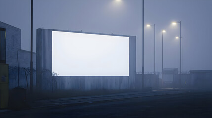 Blank billboard at night, foggy industrial area.  Empty space for advertisement on large billboard in a misty, industrial setting.  Streetlights illuminate the scene