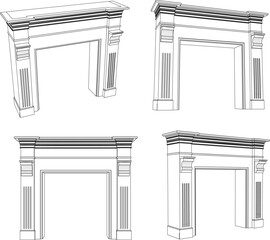 Vector sketch illustration of a fireplace design for heating a room in a classic, vintage, ethnic style 