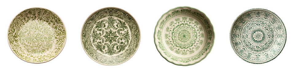 Vintage Decorative Plates: Green Ornamental Designs for Table Setting and Art