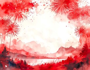 Watercolor Swiss National Day Background with Red Fireworks