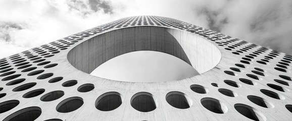 A gray building with repetitive circle designs and an opening in the middle points up to the sky