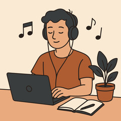 A man in headphones working on laptop and listening to music