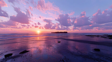 Serene sunset over tranquil ocean shore, featuring a small island.  Soft pink and purple hues paint the sky and water.  Gentle waves lap at the shore, reflecting the vibrant colors