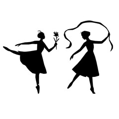 Ballerina Silhouette Set with Ribbon and Flower Props in Elegant Dance Pose. Elegant Ballet Dancer Silhouettes with Accessories. Graceful Female Ballet Dancer Vector Pack. Dancing Girl Silhouette.