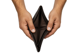 Hands holding an empty black wallet isolated on transparent background