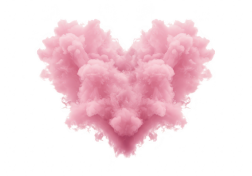 A vibrant pink heart shape formed from swirling smoke, isolated on a transparent background