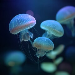 Obraz premium Group Of Glowing Jellyfish In Deep Blue Water