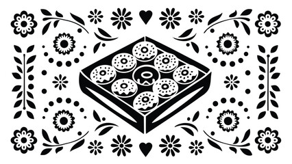 Black and white box  donuts surrounded by floral and heart motifs in a folk art style
