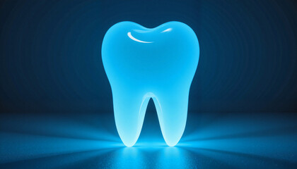 Glowing tooth sculpture on dark blue background for dental health concept and hygiene