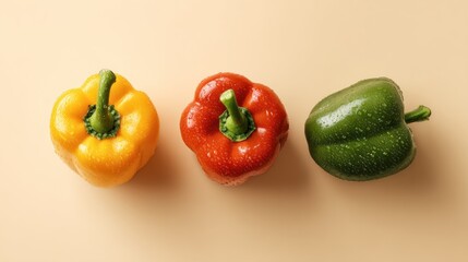 Three vibrant bell peppers, yellow, red, and green, arranged in a row on a light beige background