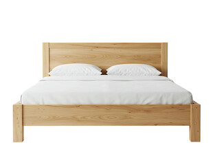 Wooden double bed with white bedding isolated on transparent background