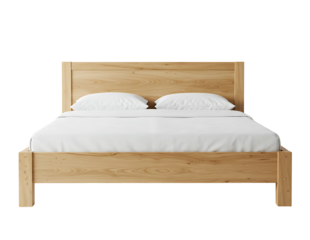 Wooden double bed with white bedding isolated on transparent background