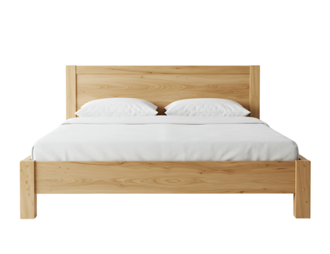 Wooden double bed with white bedding isolated on transparent background