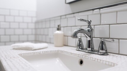 Modern bathroom sink and faucet with white tile background
