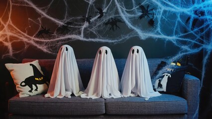 three dogs in ghost costumes on sofa