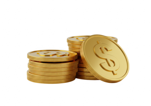 Stacks of shiny golden coins with dollar symbols, isolated on a transparent background