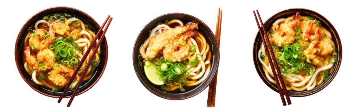 Collection of fresh udon noodle bowls with shrimp tempura and scallion toppings isolated on a white or transparent background - Powered by Adobe