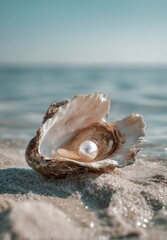 Luminous Pearl in Oyster Shell on Sandy Beach