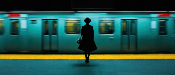 Silhouette of a woman awaiting the arrival of a rapid transit train on a subway platform