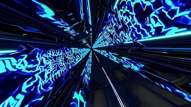 futuristic sci fi spaceship hallway in blue neon lighting digital interior animation of high tech cyberpunk space travel perfect for VJ loops or science fiction themes