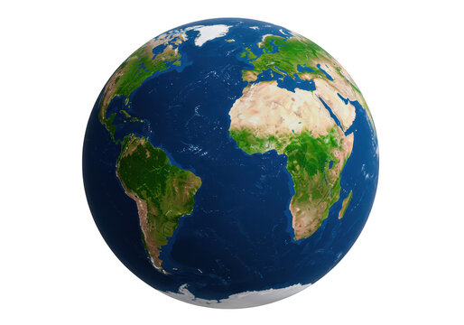 A detailed view of planet earth showing continents and oceans, isolated on a transparent background