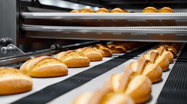 Freshly baked bread rolls on a conveyor belt in a modern bakery, showcasing the production process and highlighting the craftsmanship of artisanal baking techniques