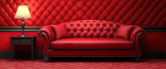 Naklejka premium A lavish red sofa sits in front of a quilted wall, side table lamp adding ambience