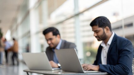 Blurred Background of Indian Professionals Analyzing Marketing Data on Laptop
