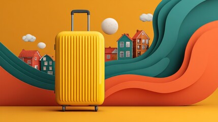 Yellow suitcase stands before stylized village scene, vibrant orange and teal backdrop